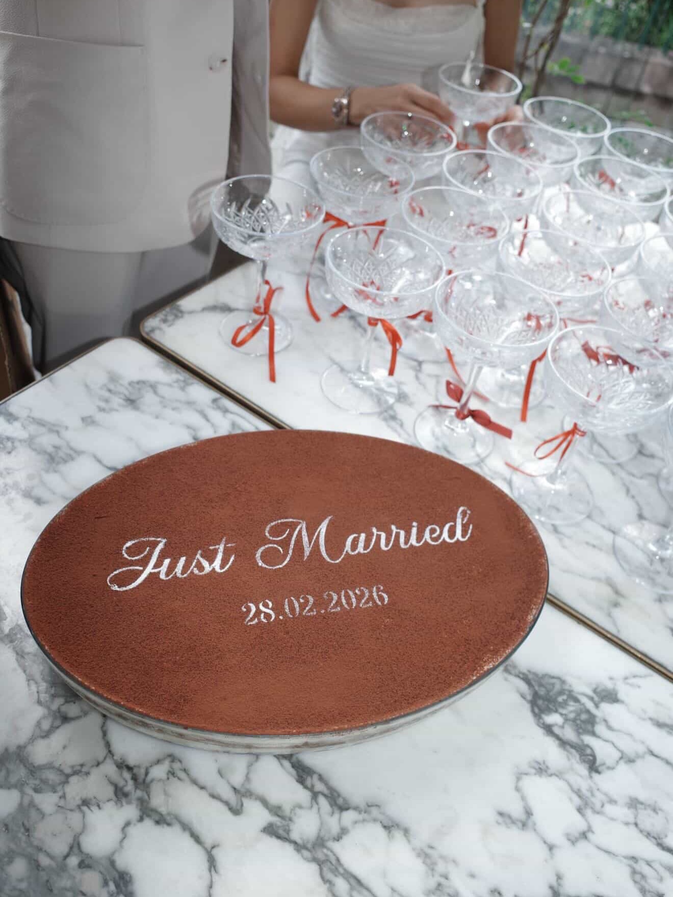 Just Married custom tiramisu cake with calligraphy piping, 28.02.2026